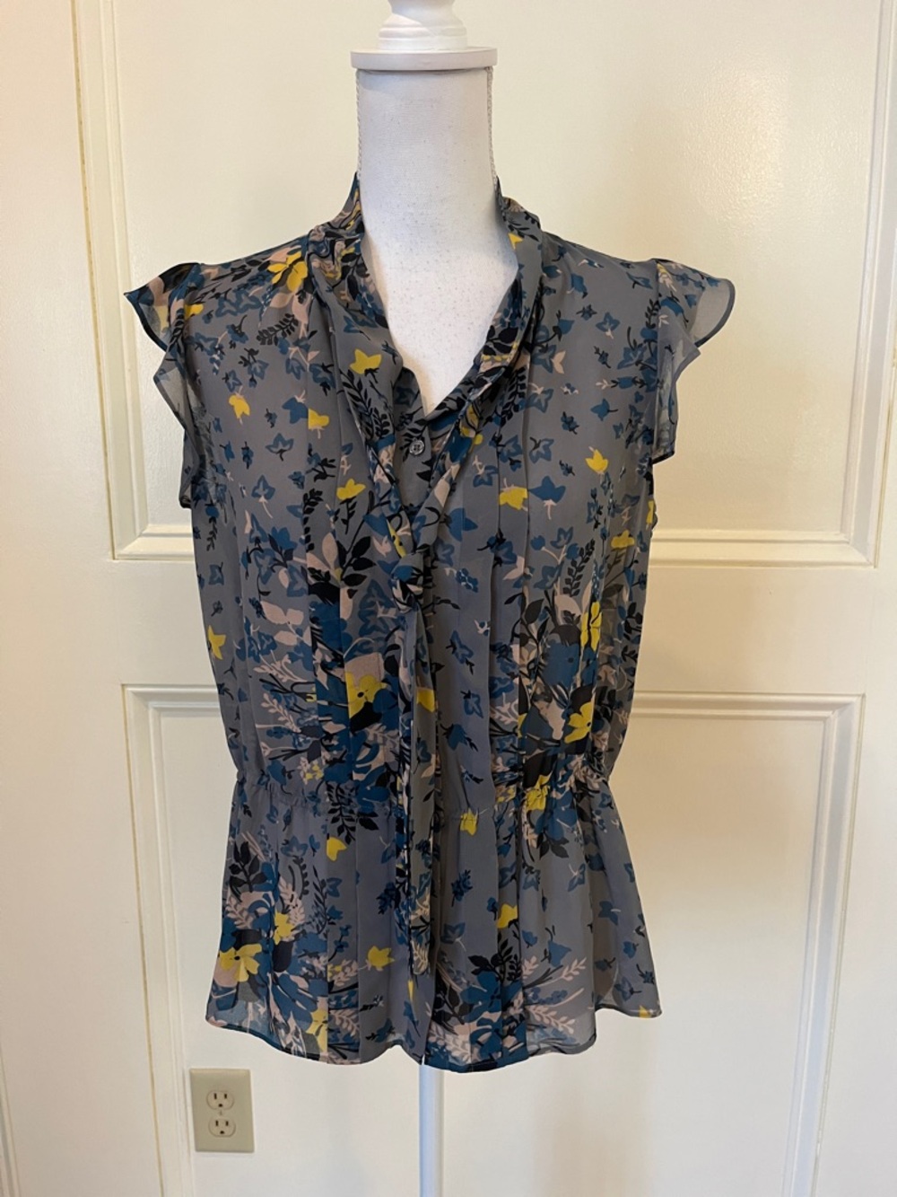LOFT Grey Floral Tie-Neck Blouse with Navy & Yellow Floral Print